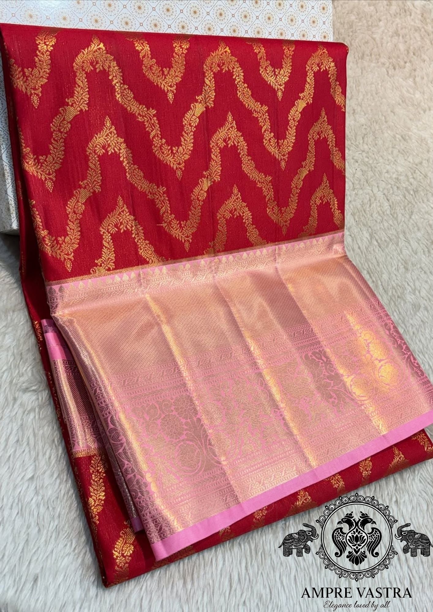 Semi Kanchipuram Silk Saree with Gold Zari Weaving & Contrast Pink Pallu