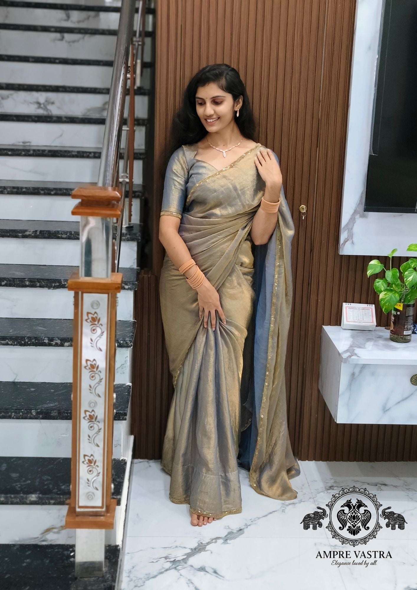 Exclusive Golden Grey Soft Net Sequin Work Party Wear Saree with Subtle Shine & Designer Border