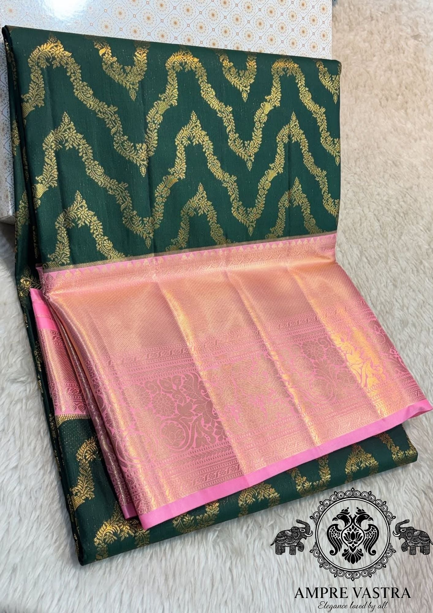 Semi Kanchipuram Silk Saree with Gold Zari Weaving & Contrast Pink Pallu