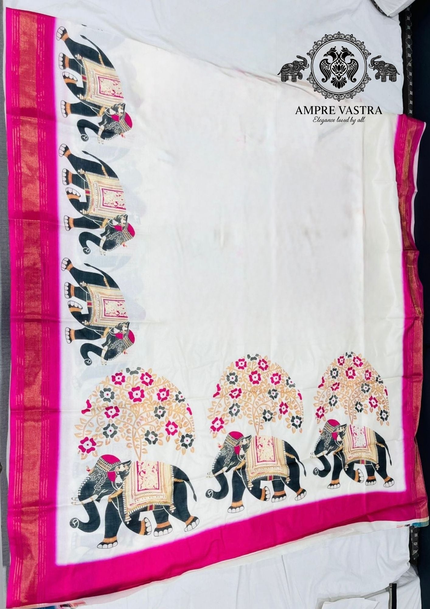 Ivory White Tusser Silk Saree with Traditional Elephant Motifs