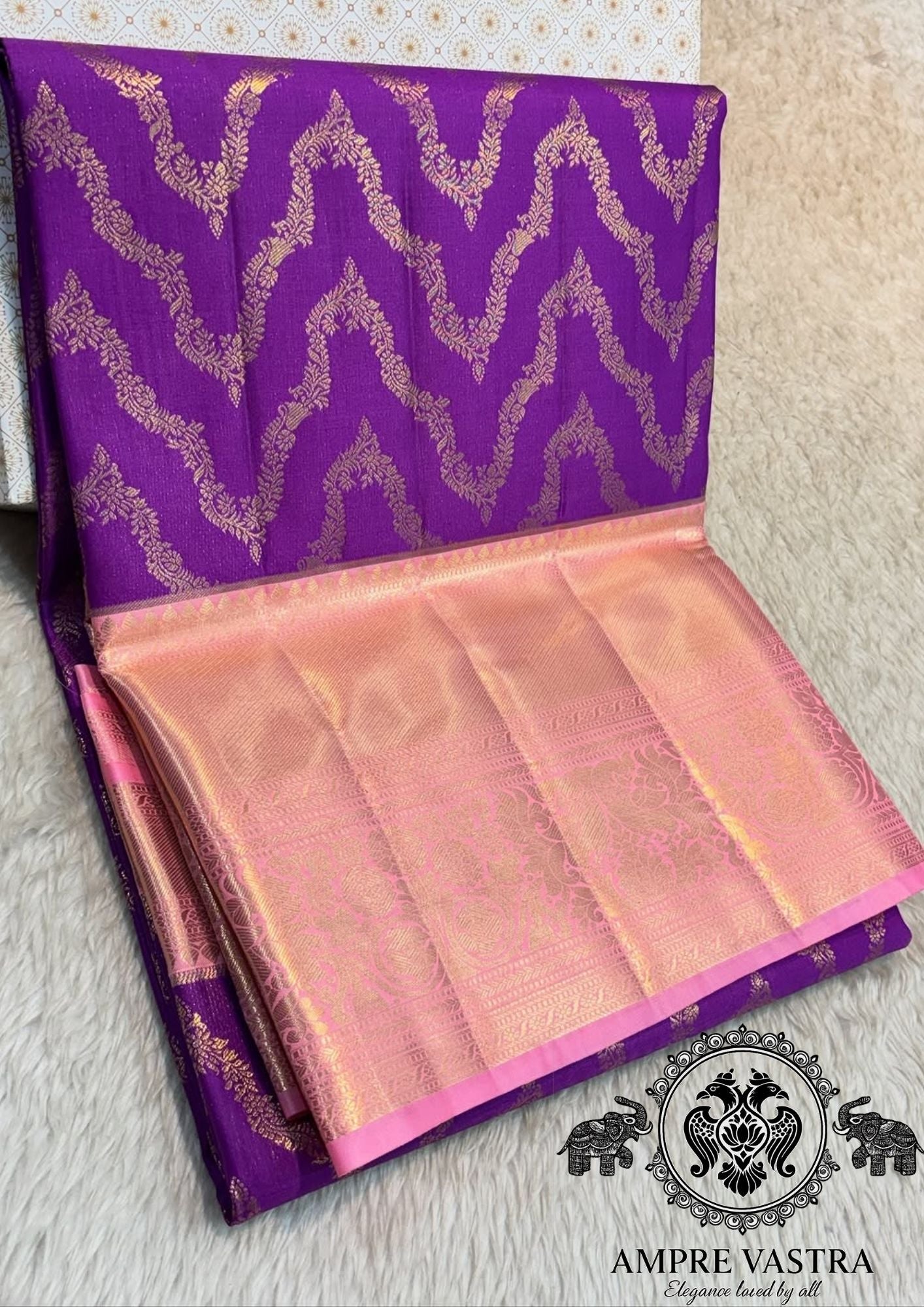 Semi Kanchipuram Silk Saree with Gold Zari Weaving & Contrast Pink Pallu