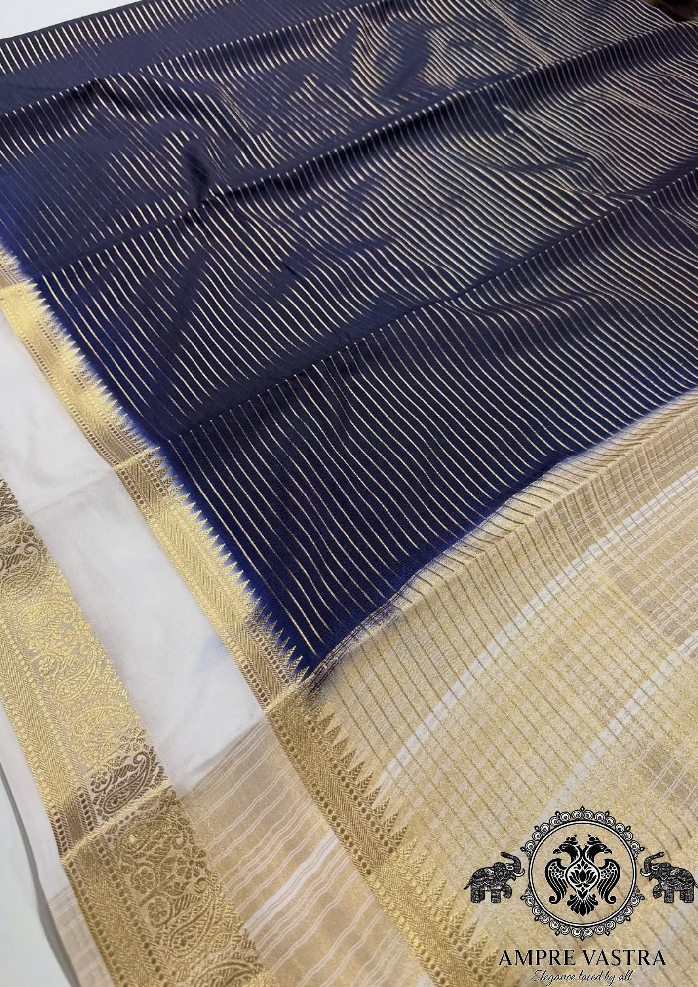 Exclusive Semi Mysore Silk Saree with Fine Zari Lines & Contrast Rich Pallu