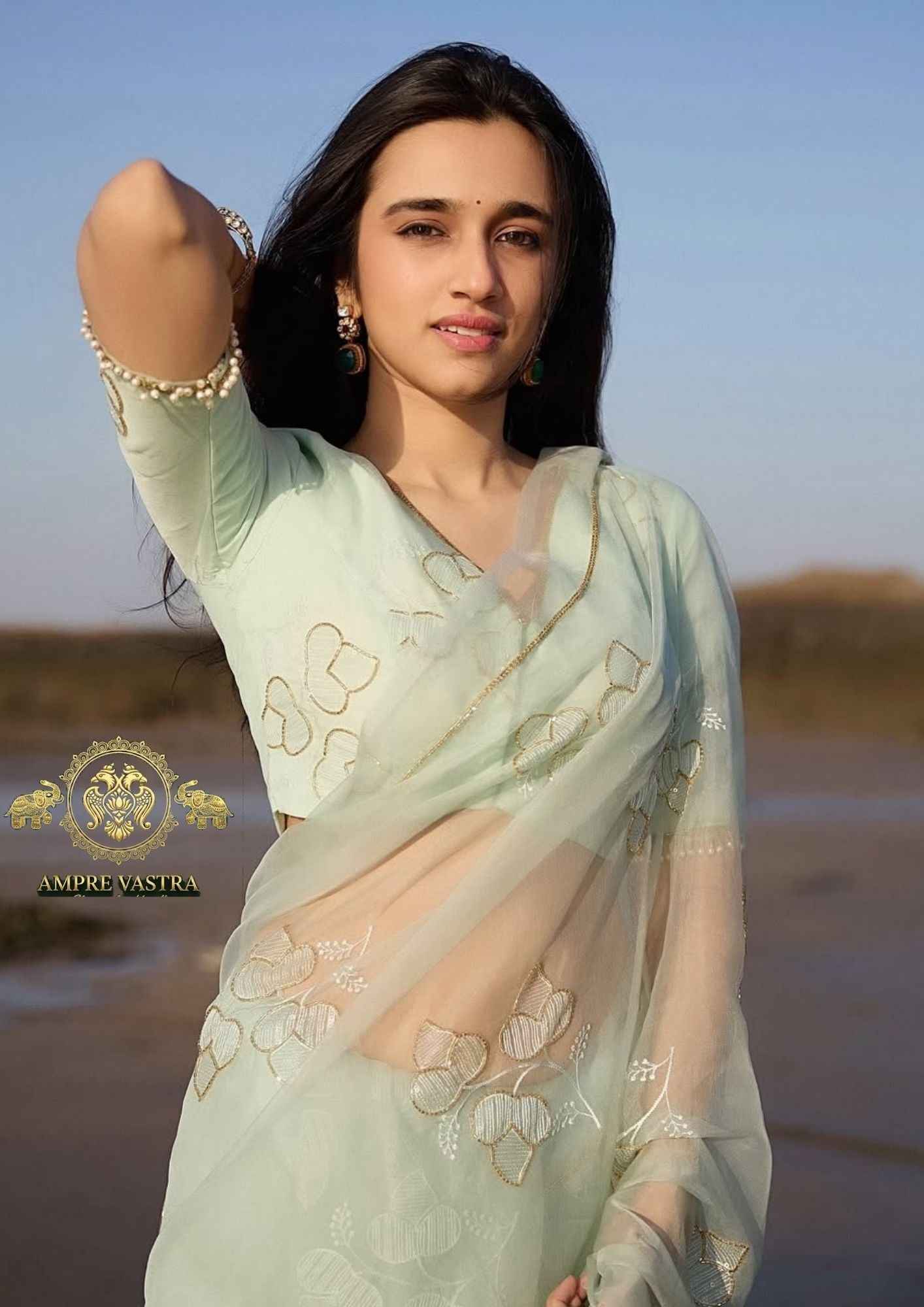 Mint Green Soft Organza Embroidered Saree with Gold Thread Work & Elegant Pearl-Trim Blouse